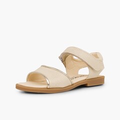 Sandali pelle brillante bambina chiusura a strappo Beige